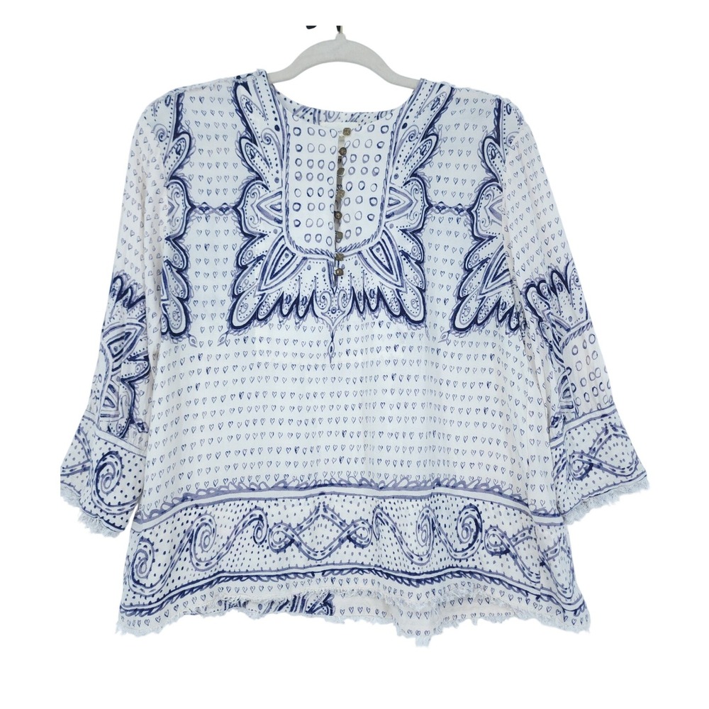 Maeve Tunic Top Women XS Cream Blue Paisley Heart Print Raw Hem Boho Peasant